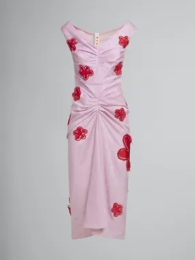 Abito in seta jacquard rosa con applicazioni a fiore e paillette
