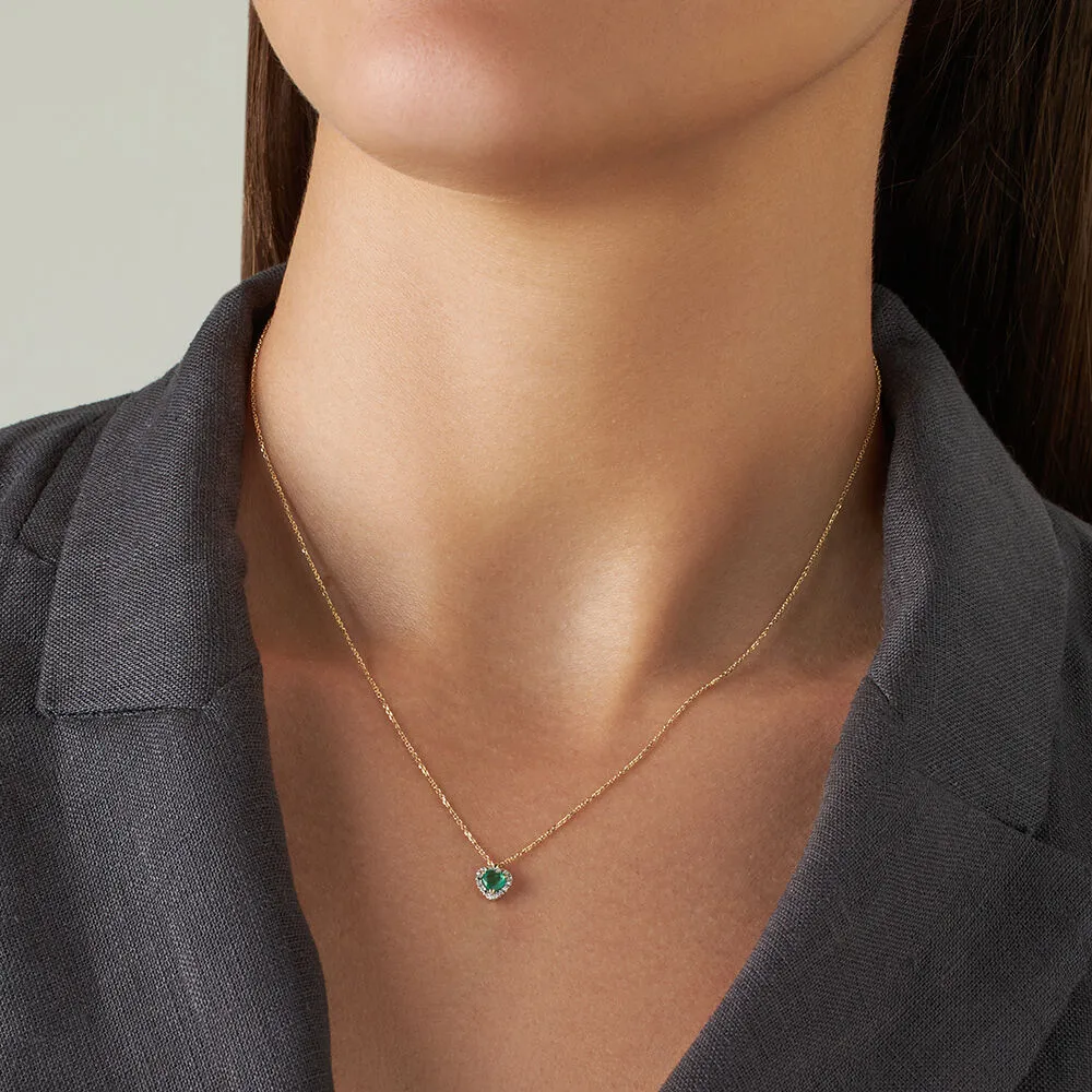 Collana Cuore Charlotte Oro Giallo 375/1000 Maglia Forzatina Smeraldo 0,18 ct Diamante Bianco 0,016 ct 40 + 2 cm 1419022