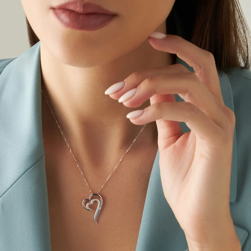 Collana Doppio Cuore Claire Oro Bianco 375/1000 Maglia Forzatina Rotonda Cubic Zirconia Bianco 40 + 2 cm 1413022