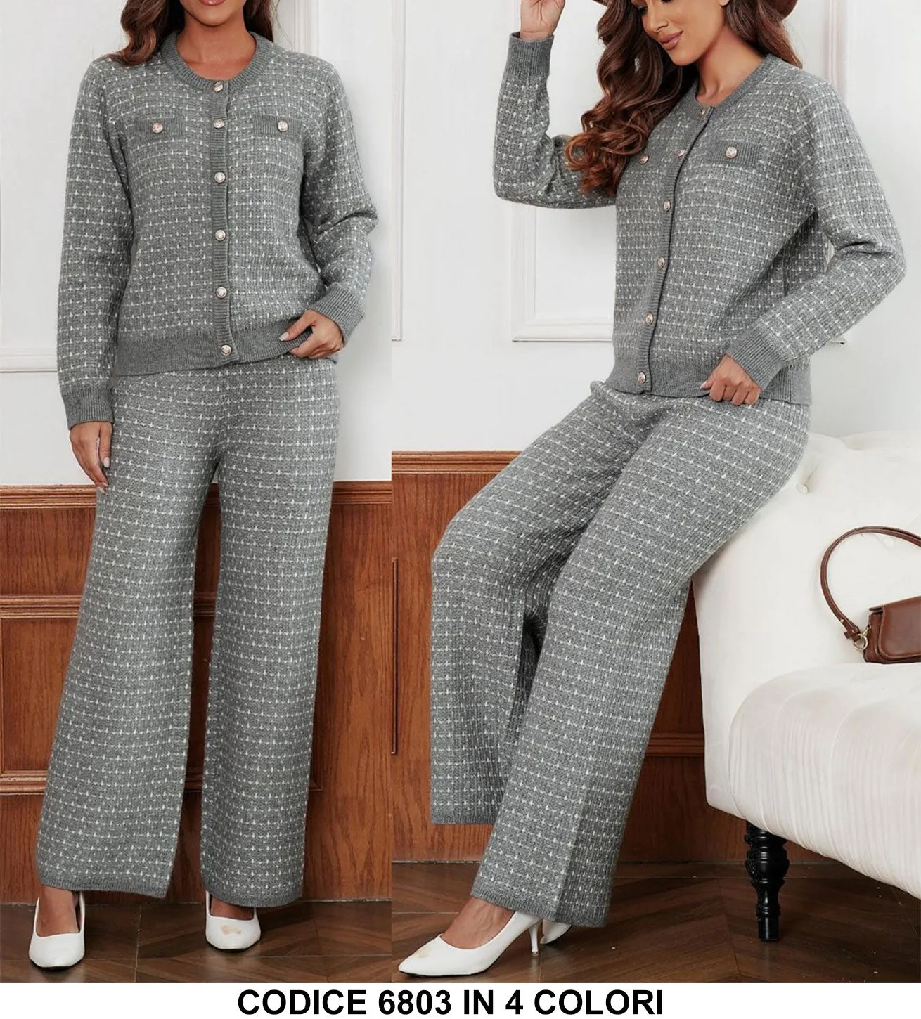 Completo Elegante Bottoni Gioiello Trama Puntinata Maglia Manica Lunga Pantalone Palazzo in 4 Colori - 6803