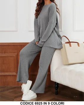 Completo Maglia Manica Lunga Pantalone Palazzo Casual Trama Righini Coordinato Tuta Sportiva in 10 Colori - 6925