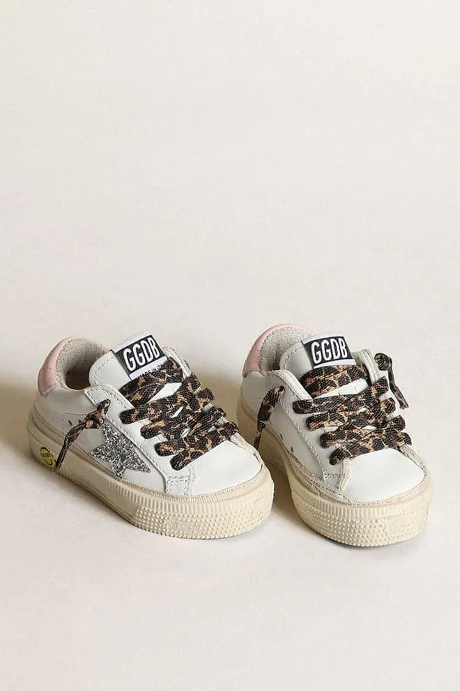 May con stella in glitter argento e talloncino in pelle rosa