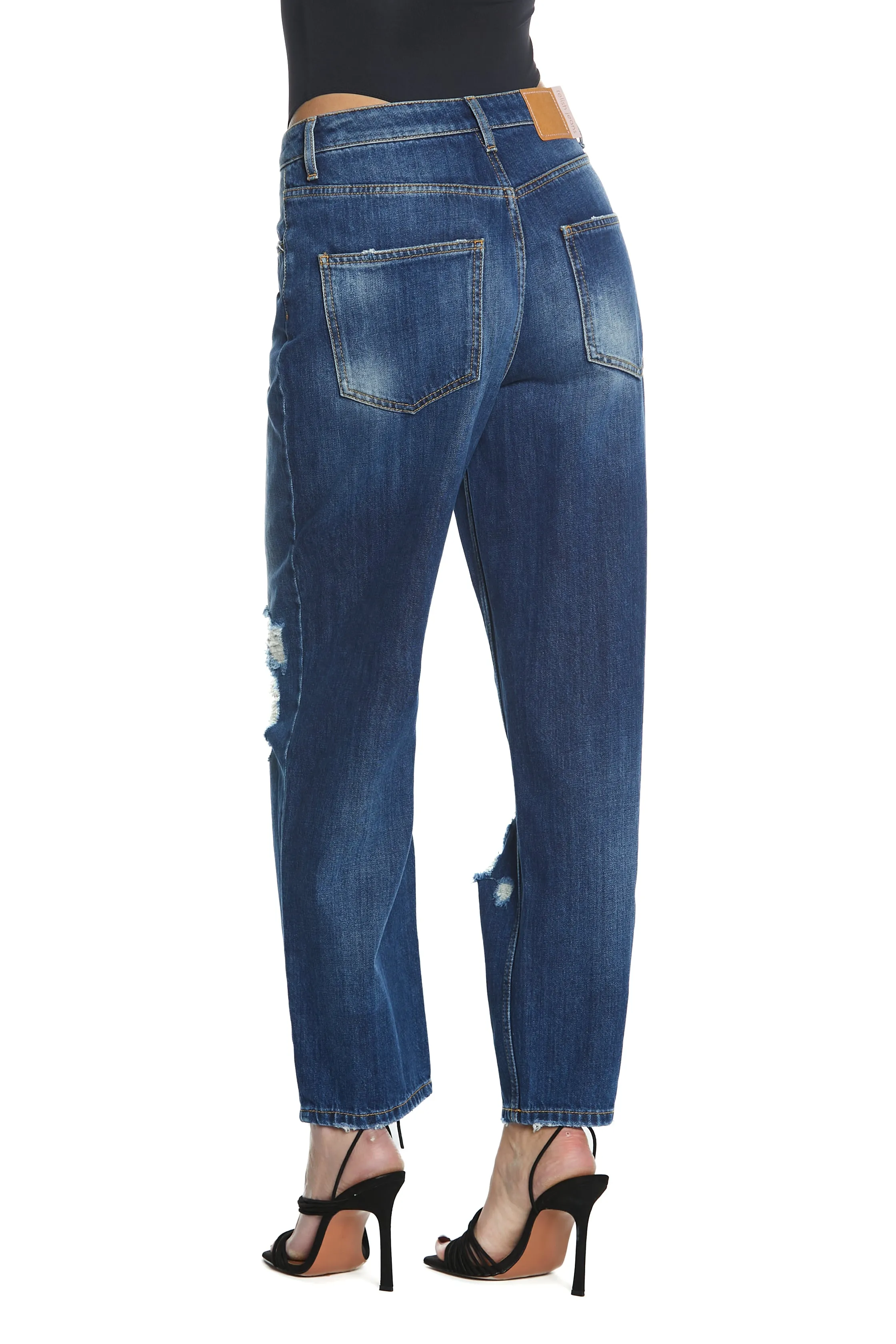 Panta CARLA_2a v.media 4tasche  con rotture più app.strass baggy fit denim blu