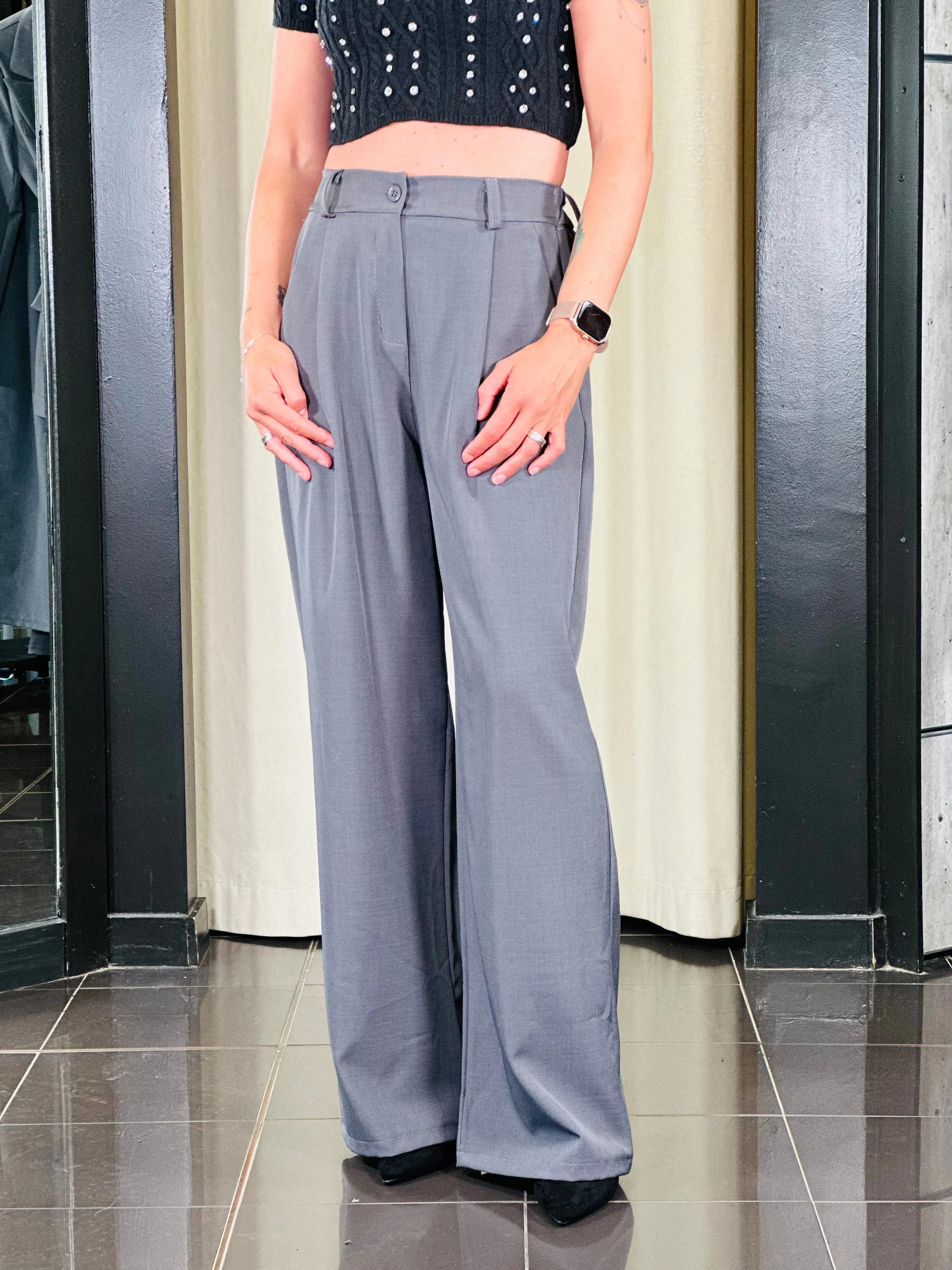 Tailleur grigio (giacca con fusciacca + pantalone palazzo)  in taglia unica 210